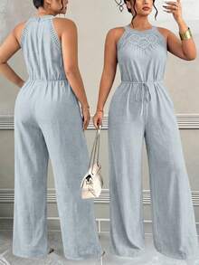 Celure Plus Size Women Textured Lace Patchwork Tie-Up Jumpsuit - Light Grey - View 1