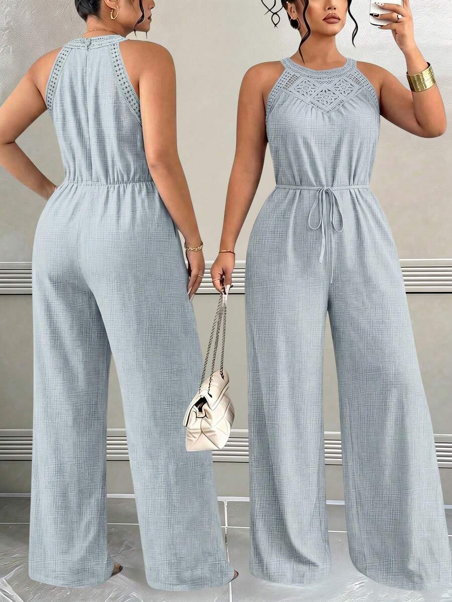 Celure Plus Size Women Textured Lace Patchwork Tie-Up Jumpsuit - Light Grey - View 1