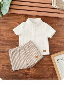 Set Baju Lengan Pendek dan Celana Pendek Pinggang Elastis Gaya Sekolah Kasual Lucu untuk Bayi Laki-laki Baru Lahir - Blue and White - View 3
