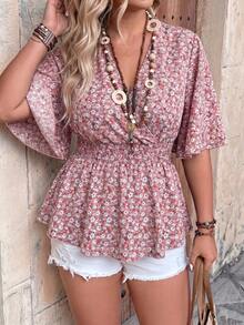 Ceyna Blouse Grande Taille Printemps/Été Nouveau Motif Floral Ditsy Col V Taille Cintrée Manches Évasées Flatteur décontracté/Tenue de Bureau Manches Courtes Pour Femmes - Rose bonbon - Voir 5