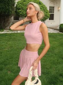 Sydney Algeri Women's Casual Solid Color Round Neck Cropped Tank Top And Pleated Mini Skirt 2pcs Set, Summer Pink - Pink - View 5