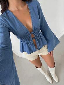 SHEIN Glamour Áo khoác denim nữ đa năng thời trang cổ tay buộc dây - Màu xanh lam - Xem 6