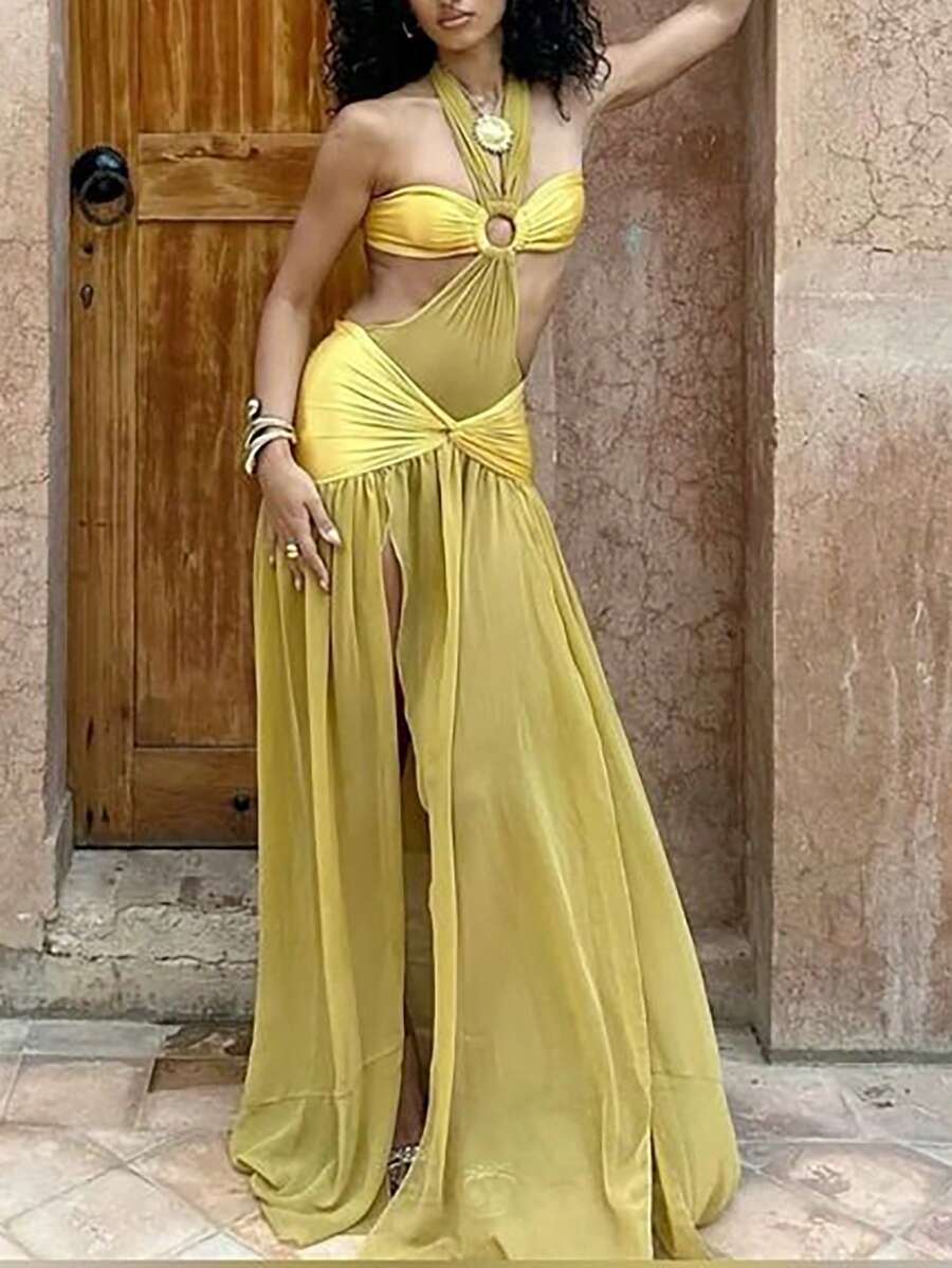 Aloruh Women's Mustard Yellow Summer Elegant Tropical Halter Backless High Slit Asymmetric Ruffle Hem Dress, Casual Holiday Vacation Beach Party Travel Outfit - Light Yellow - View 1