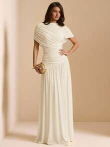 SHEIN BAE Đầm ôm dáng xòe nhún cổ tròn tay ngắn màu vàng trơn thanh lịch cho Xuân/Hè, đầm vàng, đầm thanh lịch, đầm dự tiệc cưới - Màu be - Xem 5