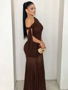 Dayanna Comas 女款時尚通勤純色不對稱領洋裝，婚禮賓客禮服，情人節女裝，優雅夏季穿搭 - 咖啡棕 - 查看 4