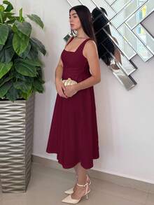 Andrea Bello 情人節女士純色方領無袖洋裝 紅色優雅夏季太陽裙 - 酒紅色 - 查看 4