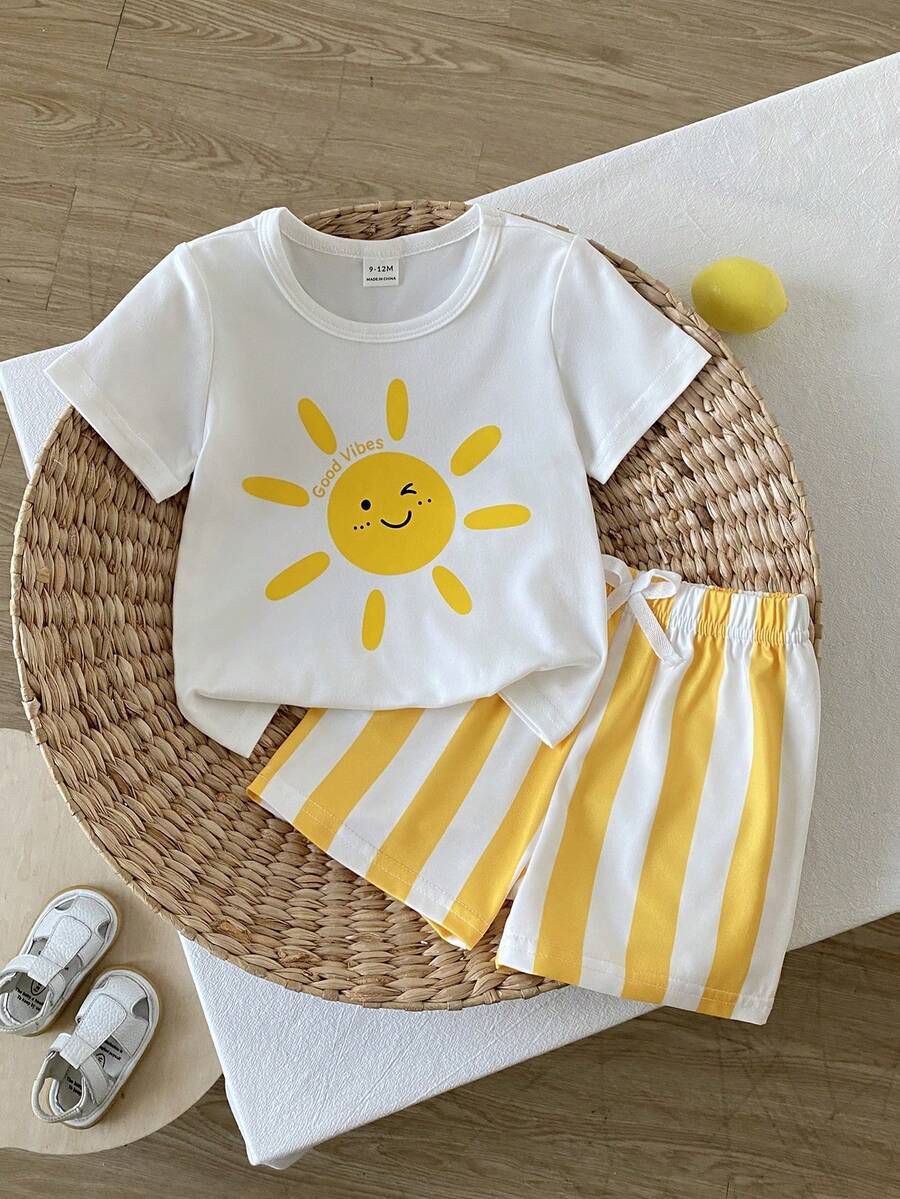 SHEIN Playful Pals 幼童男童香蕉水果印花T恤套裝,可愛時尚百搭鄉村風格格紋2件套服裝 - 黃色 - 查看 1