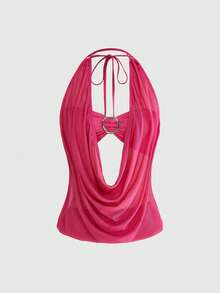 ROMWE Hippie Top Decote V Profundo Vintage Retrô Sexy para Festa de Natal com Decote Profundo e Costas Abertas, Emparelhada com Shorts de Estampa de Leopardo (Inclui Sutiã Bandeau) - Pink - Visão 5