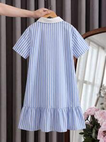 Teen Girl Polo Collar Striped Embroidered Short Sleeve Midi Dress,Baby Blue,Summer,Y2k,Holiday,Back-To-School,Contrast Ruffle Button Front Outwear - Blue - View 8