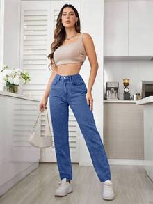 SHEIN ICON 大码女式宽松浅色水洗牛仔裤，带口袋 - 中等水洗藍 - 查看 4