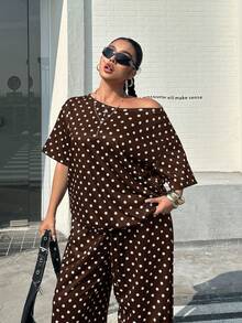 Muchica Plus Size Round Neck Short Sleeve Polka Dot Casual 80s Formal 70's 90s 1950s Vintage 2 Pieces Set Summer Date Dinner Office Brown - Chocolate Brown - View 8