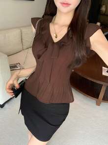 Joudiya Áo kiểu nữ màu trơn tay ngắn, bèo nhún, thắt nơ phía trước. - màu nâu - Xem 2