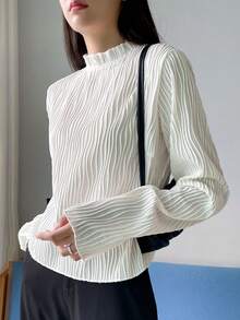 DAZY Frill Neck Keyhole Back Tee,Fall Clothes Long Sleeve Women Tops - Beige - View 7