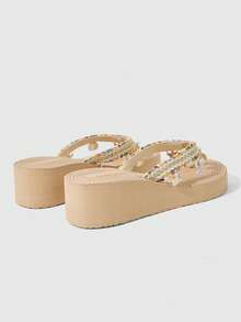 ROMWE Fairycore Dép sandal nữ đế bệt mùa hè hở ngón kiểu La Mã đi biển, đính hoa 3D, chất liệu rơm, mát, dép đi trong kỳ nghỉ, giày thời trang - Màu be + sao biển - Xem 4