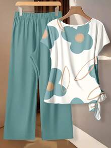 EMERY ROSE Plus Size Floral Print Round Neck Short Sleeve 2 Pieces Casual Summer Set - Green - View 2