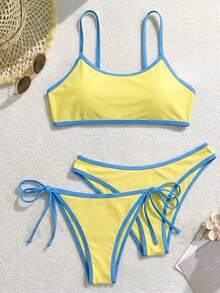 Swim Mod 2025 女款 3 件組細肩帶無鋼圈純色比基尼泳衣，含分開式泳褲 - 鵝黃色 - 查看 2