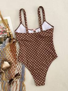 Swim Vcay Retro American Style Brown Base Polka Dot One-Piece Swimsuit, Pink Bow Sexy Babe Hot Spring Resort Swimwear - Multicolor - View 6