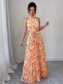 Elenzga Floral Print Ruffle Collar Pleated Waist A-Line Elegant Romantic Dress, Suitable For Dates, Spring/Summer - Multicolor - View 5