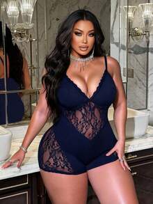 NU&NOW Plus Size Women Lace Patchwork Sexy Daily Wear Date Night Jumpsuit Navy Blue Summer - Navy Blue - View 3