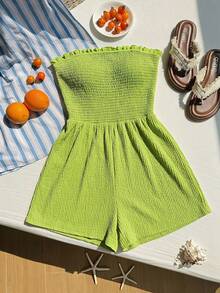Comfortcana Baju Renang Wanita Ukuran Besar Warna Hijau Alpukat Model Bandeau dengan Hiasan Ruffle, Gaya Boho Musim Panas untuk Liburan Pantai Kasual, Baju Renang Pengontrol Perut Model Dua Potong - Hijau - View 3