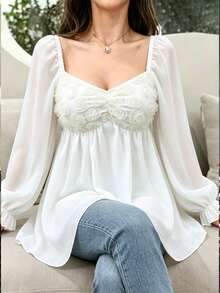 Modelyn 女士法式米色甜美飘逸网纱花卉刺绣薄纱长袖衬衫 - 米色 - 查看 5