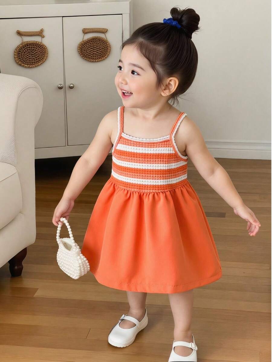 SHEIN 女嬰燒橘色細肩帶A字洋裝,可愛優雅夏季生日穿搭,寬鬆休閒海邊度假幼童服飾 - 橘色 - 查看 1