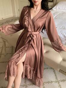 DAZY Women's Solid Color Contrast Lace Long Sleeve Elegant Robe Pajamas - Brown - View 5