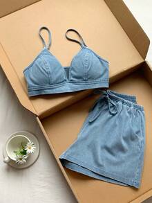 SHEIN PETITE 女款無袖牛仔套裝，休閒日常與夏季街頭風穿搭，女款牛仔套裝，休閒日常與度假穿著 - 淺色水洗藍 - 查看 4