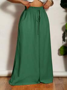 Slaydiva Plus Size Women High Waist Solid Color Drawstring Waist Wide Leg Pants, Vacation - Army Green - View 7