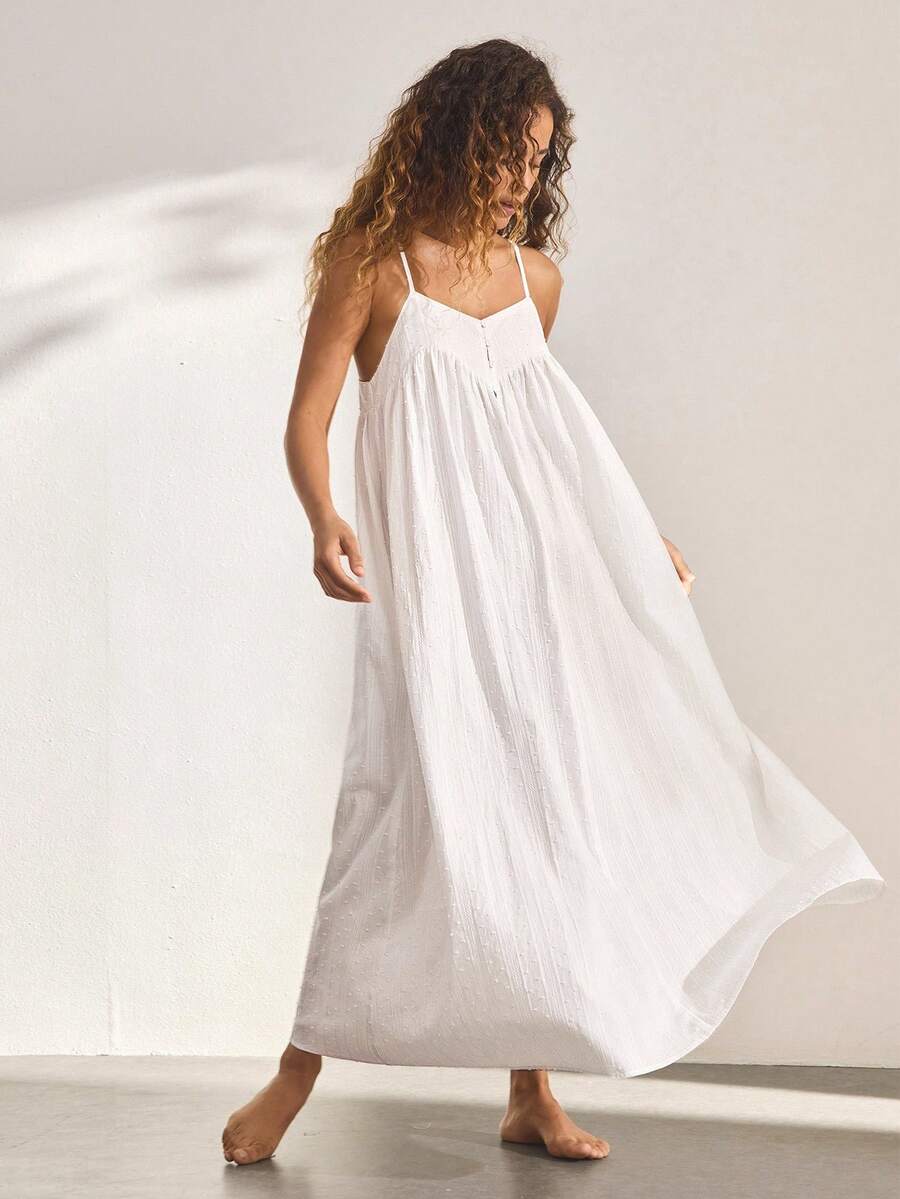 Ocili Bộ đồ mặc nhà phong cách Bohemian thoải mái, chất liệu cotton, gồm áo hai dây và váy, họa tiết khoét lỗ, thêu, thích hợp cho nữ. - trắng - Xem 1