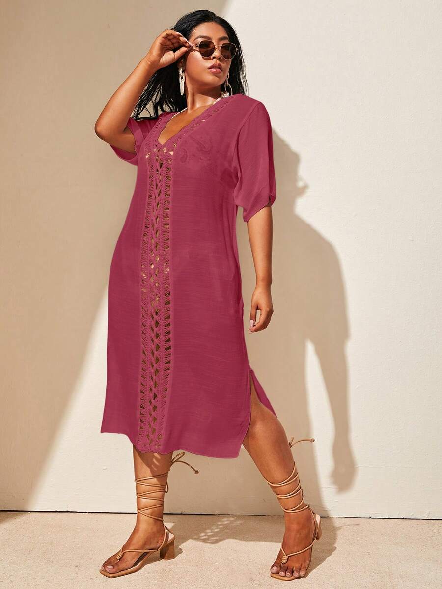 Swim Lushoire Plus Size Solid Color Beach Cover-Up Dress - Burgundy - View 1