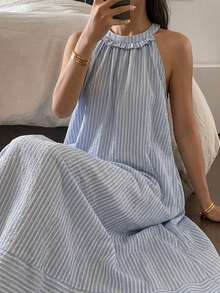 DAZY Women's Striped Print Sleeveless Casual Loungewear Dress, Summer - Blue - View 3