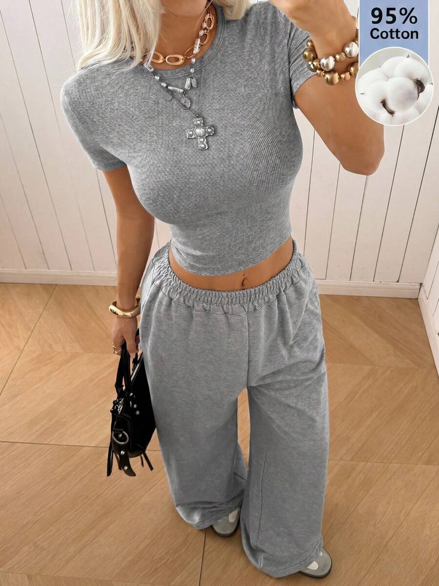 SHEIN EZwear 夏季灰色紧身短袖T恤和宽松运动裤两件套休闲套装 - 灰色 - 查看 1