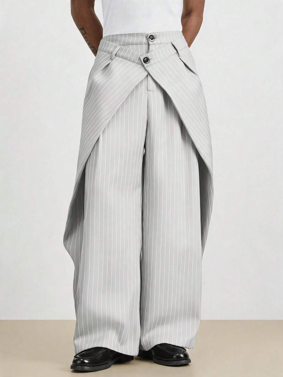 TOKVUE Men's Striped Wide Leg Pants With Double Waistband Design - Flint Stone - View 1