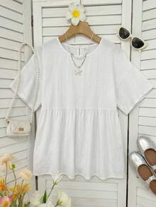 SHEIN EZwear 100% 棉麻梭织女式衬衫，夏季上衣，适合日常通勤、约会、聚会、秋冬夏三季、圣诞节、新年、感恩节、派对、婚礼、海滩、毕业典礼、时尚、优雅、休闲、外出、约会、预订、通勤、闪亮、情人节、优雅、度假、休闲、Y2K、外出、毕业典礼等场合。 - 彩色 - 查看 3