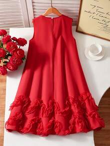 Girls' Elegant Sleeveless Dress With Bowknot Decor And Ruffle Hem, Children's Graceful Red Sleeveless Dress, Suitable For Spring And Summer - Red - View 2