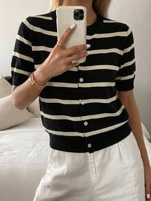 DAZY Striped Button Front Cardigan,Short Sleeve Tops,Fall Clothes - Black - View 8