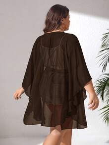 SHEIN CURVE+ 大码基础款纯色薄纱和服泳衣 - 棕色 - 查看 2