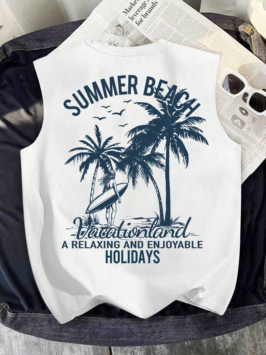 Tropical Plant & Leaf Print Loose Casual Sleeveless Top, Comfortable & Relaxed Fit, Graphic Print On Back, Suitable For Summer - White - View 1
