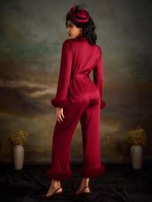 PinupPomp Fuzzy Trim Belted Satin PJ Set - Burgundy - View 3