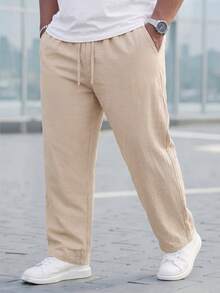Manfinity Homme 男士加大码纯色抽绳腰带口袋休闲日常裤 - 米色 - 查看 3