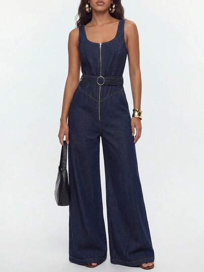Avantive Bộ jumpsuit denim nữ dáng rộng, khóa kéo phía trước và túi, kiểu dáng thường ngày.
