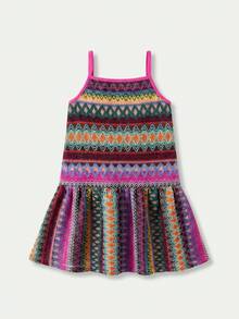 Maija Kids Maija Kids 1件少女休閒優雅條紋寬鬆吊帶洋裝，適合日常穿著、返校、外出、聚會、節慶，春夏季適用 - 玫紅色 - 查看 2