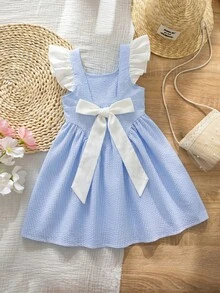 Emery Rose Kids Emery Rose Kids Young Girl Woven Colorblock Striped Square Collar Ruffle Hem Knit Dress - Blue - View 7