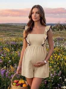 SHEIN Bộ áo liền quần hở lưng, kiểu dáng thoải mái, có bèo nhún và dây buộc, thích hợp cho kỳ nghỉ bà bầu. - Màu be - Xem 2