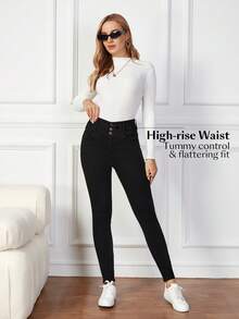 EMERY ROSE High Waist Button Fly Skinny Jeans - Black - View 5