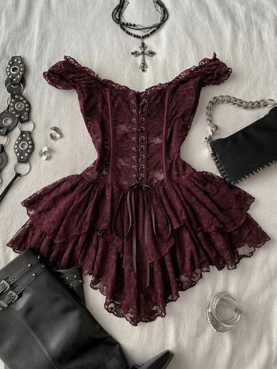 Attitoon Đầm ngắn ôm sát dáng bất đối xứng, chất liệu ren, kiểu dáng retro thường ngày dành cho nữ, phù hợp với phong cách Y2K.