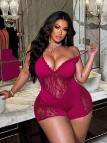 NU&NOW Plus Size Women's Fashionable Sexy Lace Patchwork Jumpsuit Cocktail Mint Green Summer - Hot Pink - View 1