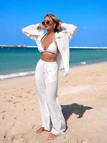 Swim Lushoire 26SS Spring/Summer Vacation Beach Elegant Black Embroidered Loose Shirt Kimono Cover Up - White - View 7