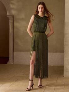 MOTF PREMIUM VESTIDO LARGO CON CINTURA CEÑIDA, ELEGANTE Y LUJOSO, CON PARCHES DE LENTEJUELAS, CUENTAS Y FLECOS, ADECUADO PARA BANQUETES Y FIESTAS EN OTOÑO/INVIERNO, VERDE MILITAR - Verde militar - Ver 6